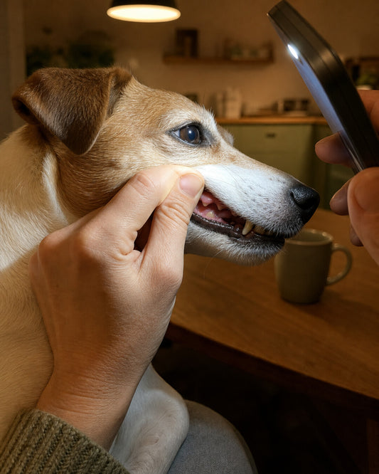 A person lifting a Jack Russell terrier's upper lip with one thumb and shining a phone flashlight on its back teeth at a kitchen table