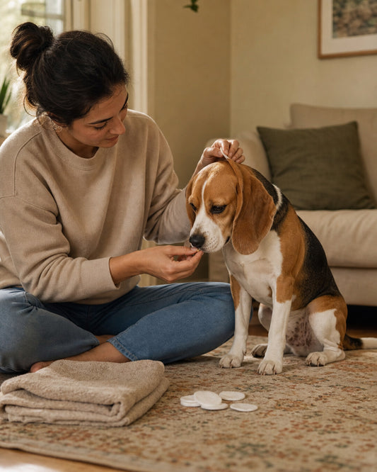 A woman sitting on a living room rug lifting a beagle's floppy ear while offering it a treat, with a folded towel and cotton pads beside her