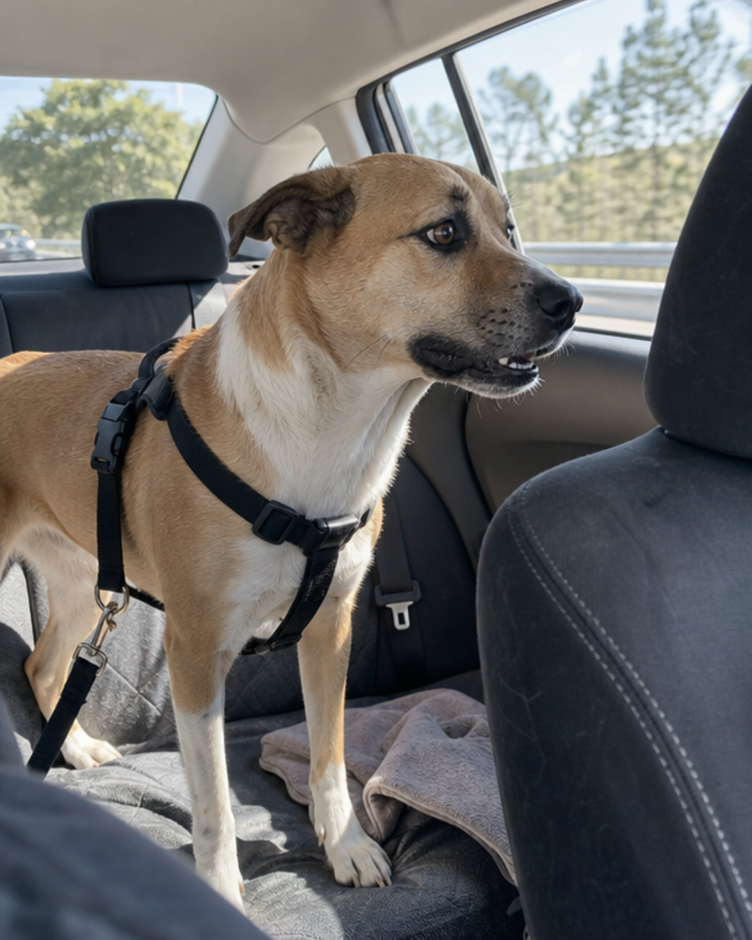A tan and white dog in a car safety harness standing restlessly on the back seat, looking toward the window during a drive