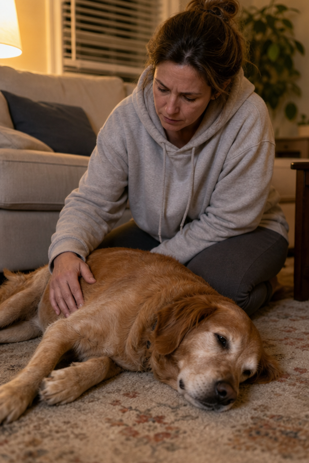 An owner kneeling on the living room floor, checking on a golden retriever lying down and looking unwell