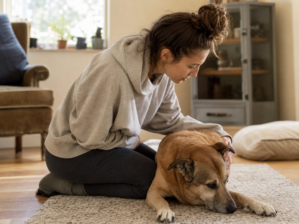 An owner kneeling beside a dog lying on the floor with a quietly withdrawn posture, checking on it