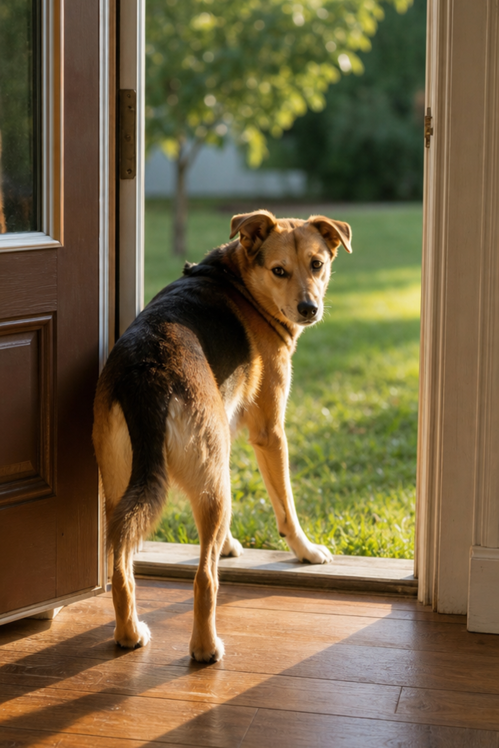 A dog standing in an open doorway, one paw on the indoor floor and the other stepping onto the outdoor grass