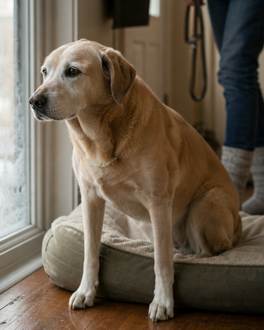 An older yellow Labrador-type dog with a grey muzzle sitting up on a padded bed by a frosty window while its owner waits with a leash