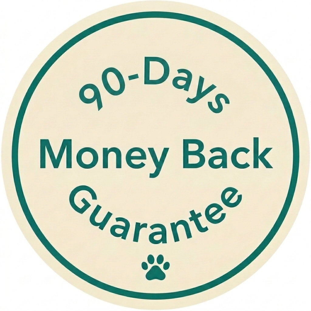 Circular logo with '90-Days Money Back Guarantee' text on a beige background