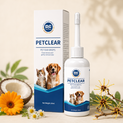 PetClear Ear Drops bottle and box for dogs and cats, with calendula, chamomile and coconut