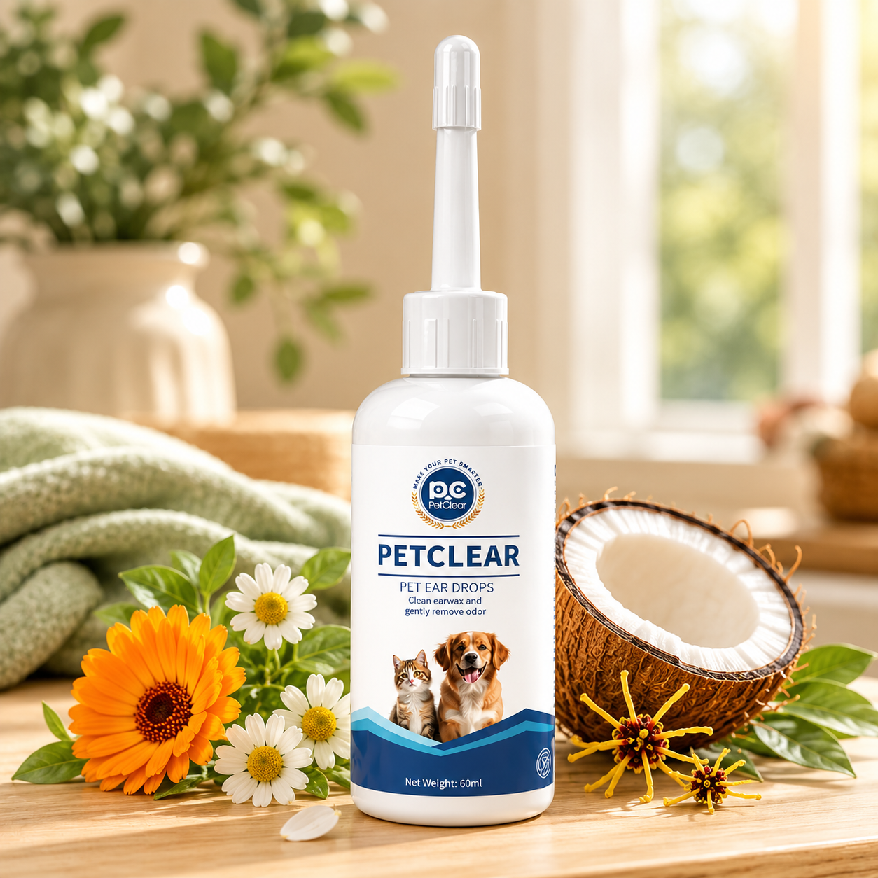 PetClear Ear Drops bottle on a wooden table with natural botanicals